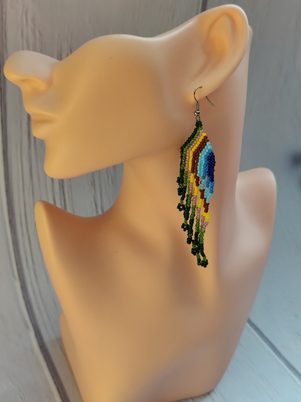 Multicolor Beaded Fringe Earrings with Green Accents